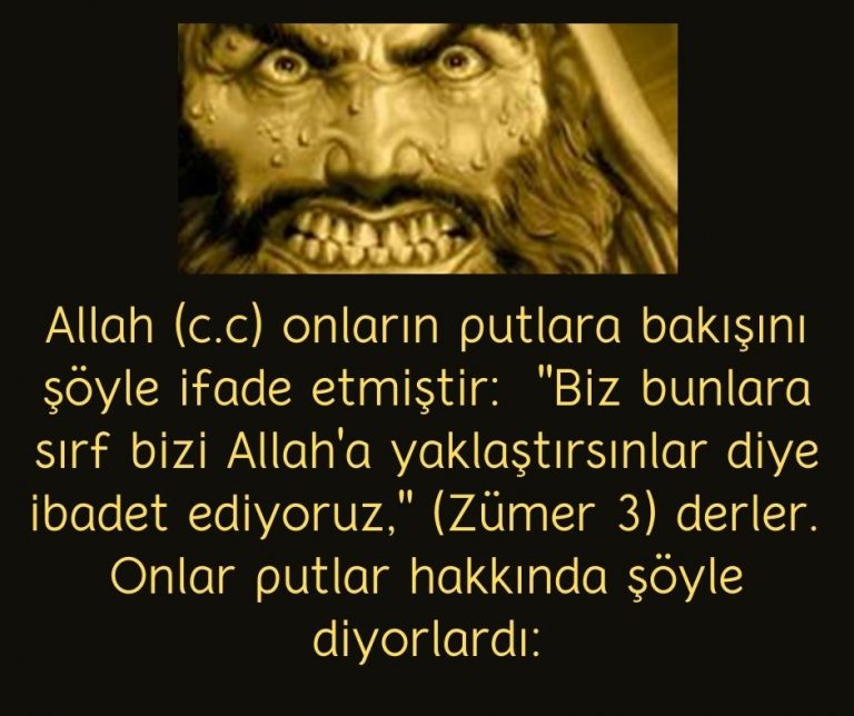 Allah (c.c) onların putlara bakışını şöyle ifade etmiştir:  ”Biz bunlara sırf bizi Allah’a yaklaştırsınlar diye ibadet ediyoruz,” (Zümer 3) derler.  Onlar putlar hakkında şöyle diyorlardı: