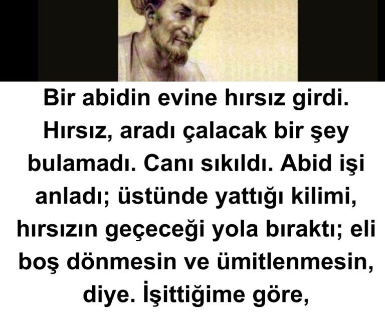 Bir abidin evine hırsız girdi. Hırsız, aradı çalacak bir şey bulamadı. Canı sıkıldı. Abid işi anladı; üstünde yattığı kilimi, hırsızın geçeceği yola bıraktı; eli boş dönmesin ve ümitlenmesin, diye. İşittiğime göre,