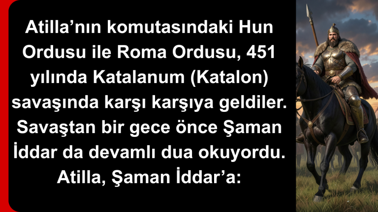 Atilla’nın komutasındaki Hun Ordusu ile Roma Ordusu, 451 yılında Katalanum (Katalon) savaşında karşı karşıya geldiler. Savaştan bir gece önce Şaman İddar da devamlı dua okuyordu. Atilla, Şaman İddar’a: