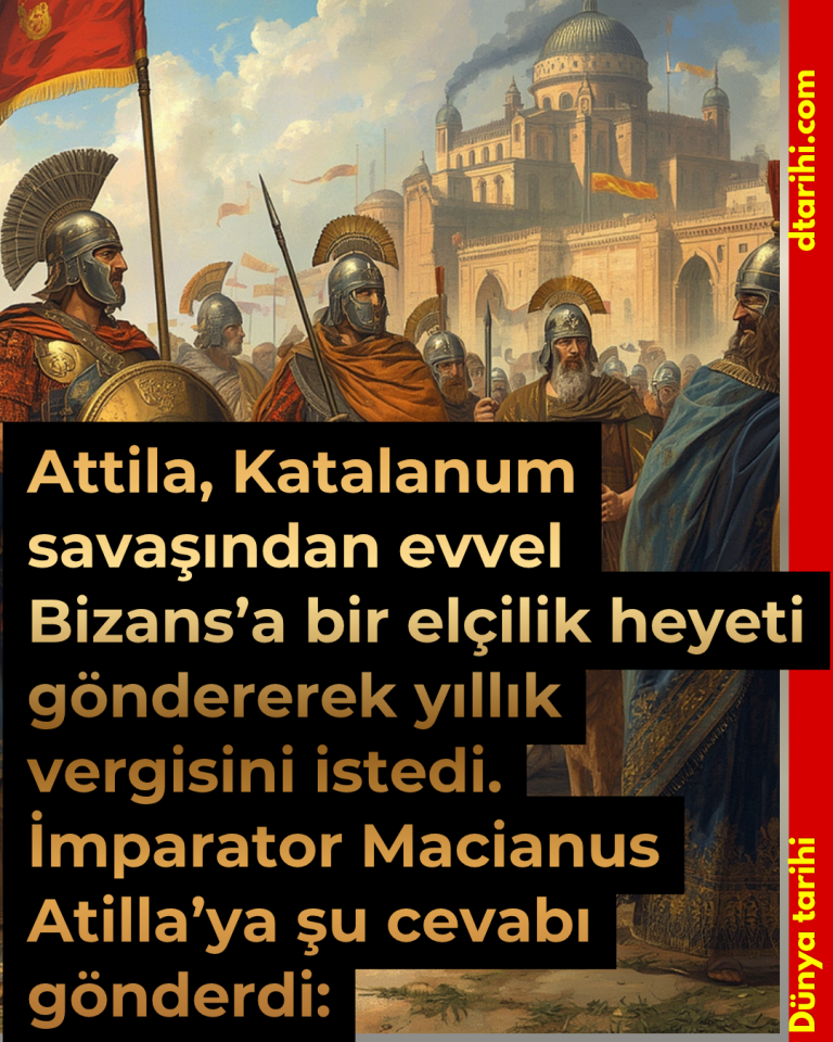 Attila, Katalanum savaşından evvel Bizans’a bir elçilik heyeti göndererek yıllık vergisini istedi. İmparator Macianus Atilla’ya şu cevabı gönderdi: