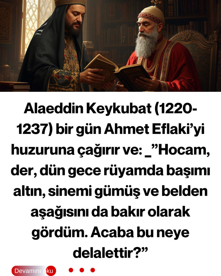 Alaeddin Keykubat (1220-1237) bir gün Ahmet Eflaki’yi huzuruna çağırır ve:  _”Hocam, der, dün gece rüyamda başımı altın, sinemi gümüş ve belden aşağısını da bakır olarak gördüm. Acaba bu neye delalettir?”