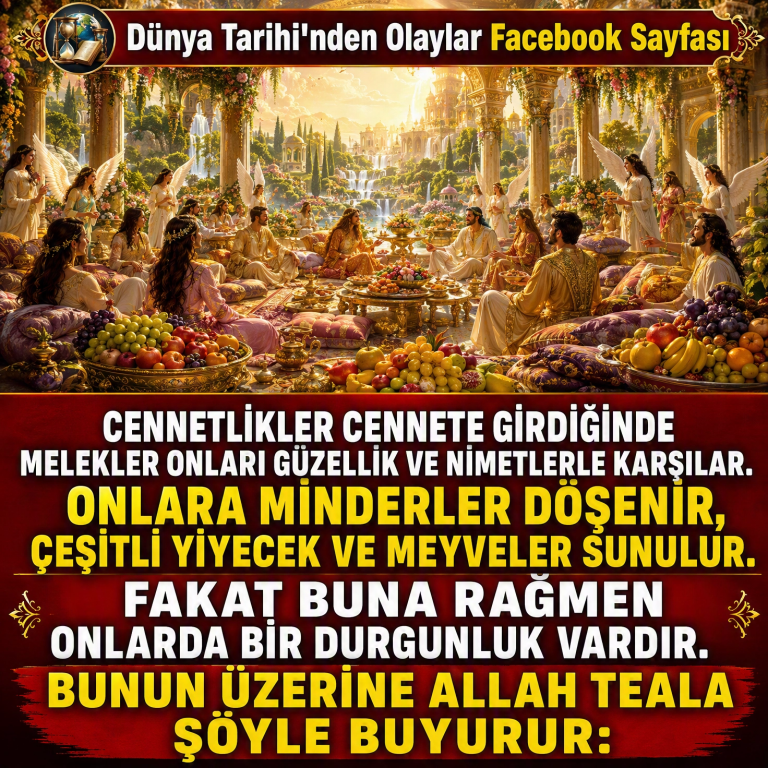 Cennetlikler cennete girdiğinde melekler onları güzellik ve nimetlerle karşılar. Onlara minderler döşenir, çeşitli yiyecek ve meyveler sunulur. Fakat buna rağmen onlarda bir durgunluk vardır. Bunun üzerine Allah Teala şöyle buyurur: