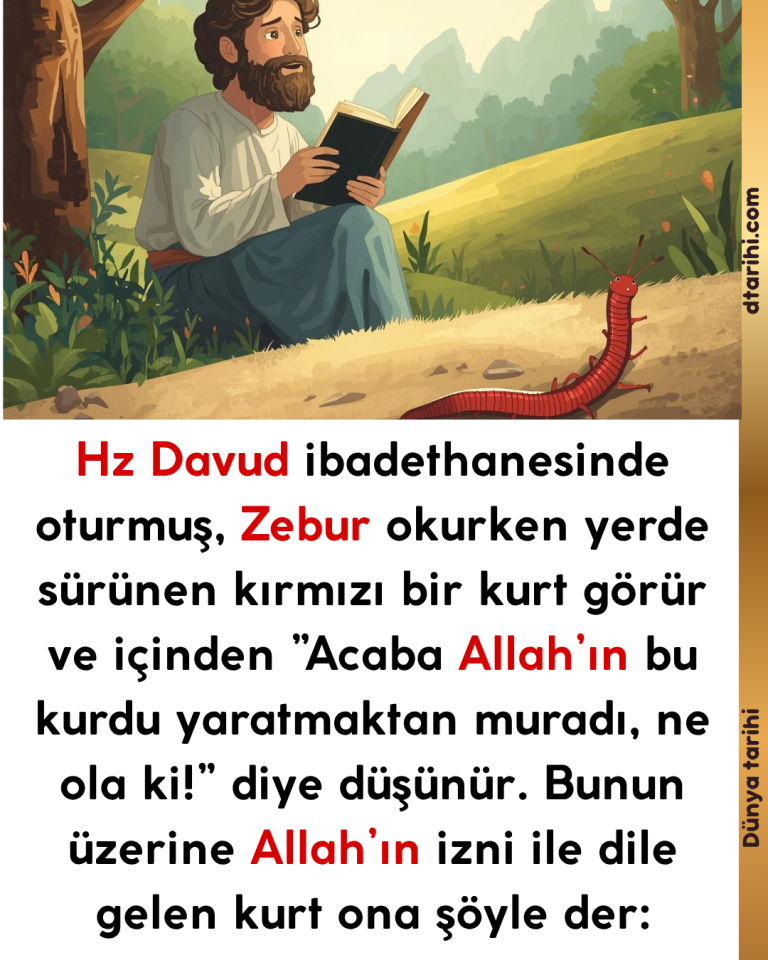 Hz Davud ibadethanesinde oturmuş, Zebur okurken yerde sürünen kırmızı bir kurt görür ve içinden ”Acaba Allah’ın bu kurdu yaratmaktan muradı, ne ola ki!” diye düşünür. Bunun üzerine Allah’ın izni ile dile gelen kurt ona şöyle der:
