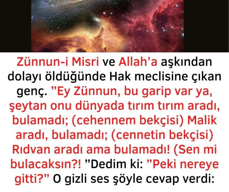 Zünnun-i Misri ve Allah’a aşkından dolayı öldüğünde Hak meclisine çıkan genç. ”Ey Zünnun, bu garip var ya, şeytan onu dünyada tırım tırım aradı, bulamadı; (cehennem bekçisi) Malik aradı, bulamadı; (cennetin bekçisi) Rıdvan aradı ama bulamadı! (Sen mi bulacaksın?! ”Dedim ki: ”Peki nereye gitti?” O gizli ses şöyle cevap verdi: