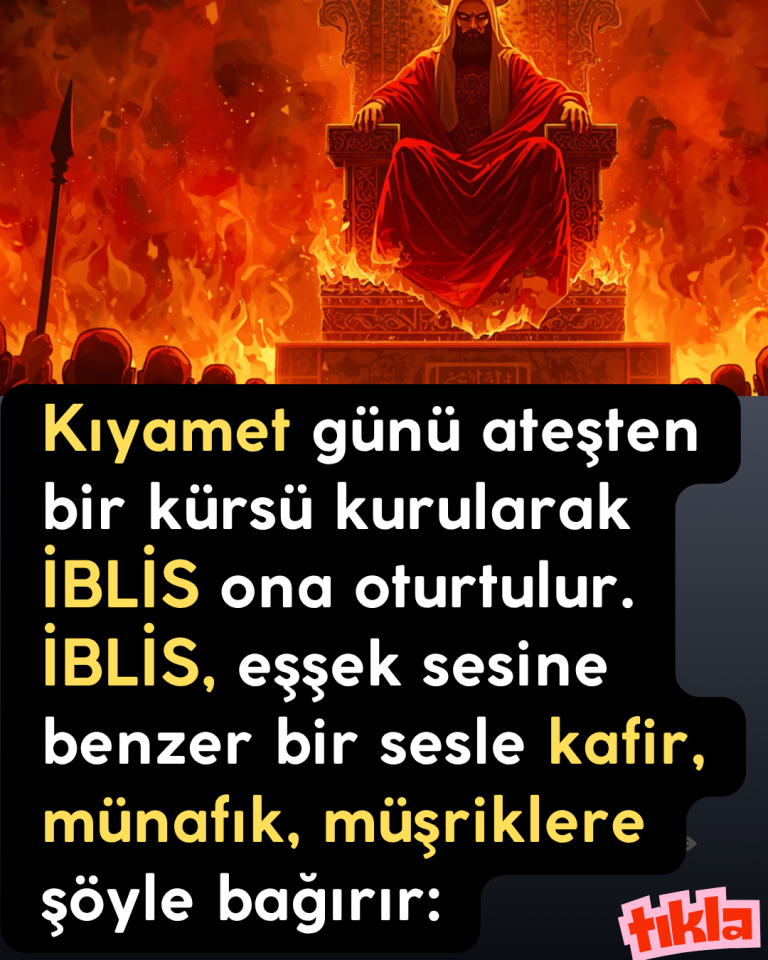 Kıyamet günü ateşten bir kürsü kurularak İBLİS ona oturtulur. İBLİS, eşşek sesine benzer bir sesle kafir, münafık, müşriklere şöyle bağırır: