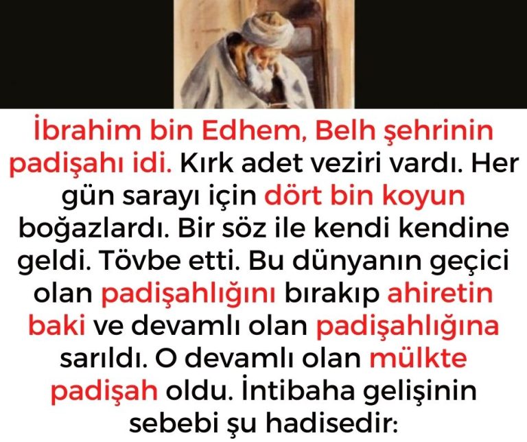 İbrahim bin Edhem, Belh şehrinin padişahı idi. Kırk adet veziri vardı. Her gün sarayı için dört bin koyun boğazlardı. Bir söz ile kendi kendine geldi. Tövbe etti. Bu dünyanın geçici olan padişahlığını bırakıp ahiretin baki ve devamlı olan padişahlığına sarıldı. O devamlı olan mülkte padişah oldu.  İntibaha gelişinin sebebi şu hadisedir: