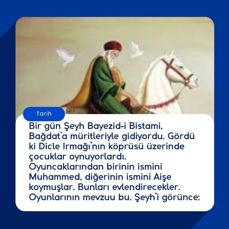 Bir gün Şeyh Bayezid-i Bistami, Bağdat’a müritleriyle gidiyordu. Gördü ki Dicle Irmağı’nın köprüsü üzerinde çocuklar oynuyorlardı. Oyuncaklarından birinin ismini Muhammed, diğerinin ismini Aişe koymuşlar. Bunları evlendirecekler. Oyunlarının mevzuu bu. Şeyh’i görünce: