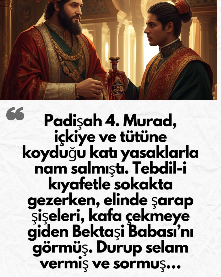 Padişah 4. Murad, içkiye ve tütüne koyduğu katı yasaklarla nam salmıştı.  Tebdil-i kıyafetle sokakta gezerken, elinde şarap şişeleri, kafa çekmeye giden Bektaşi Babası’nı görmüş. Durup selam vermiş ve sormuş…