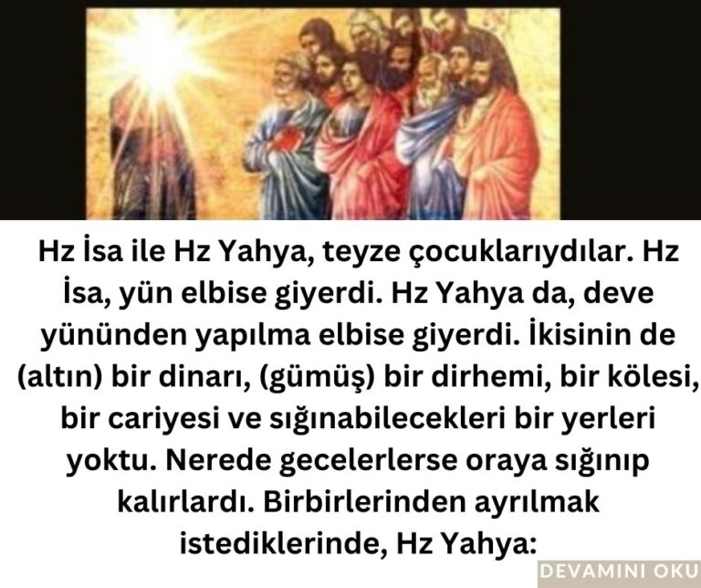 Hz İsa ile Hz Yahya, teyze çocuklarıydılar. Hz İsa, yün elbise giyerdi. Hz Yahya da, deve yününden yapılma elbise giyerdi. İkisinin de (altın) bir dinarı, (gümüş) bir dirhemi, bir kölesi, bir cariyesi ve sığınabilecekleri bir yerleri yoktu. Nerede gecelerlerse oraya sığınıp kalırlardı. Birbirlerinden ayrılmak istediklerinde, Hz Yahya: