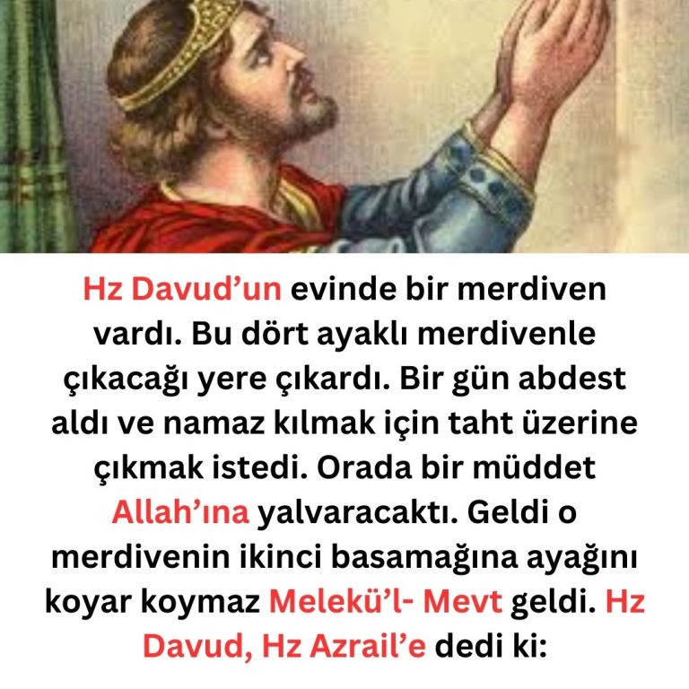 Hz Davud’un evinde bir merdiven vardı. Bu dört ayaklı merdivenle çıkacağı yere çıkardı. Bir gün abdest aldı ve namaz kılmak için taht üzerine çıkmak istedi. Orada bir müddet Allah’ına yalvaracaktı. Geldi o merdivenin ikinci basamağına ayağını koyar koymaz Melekü’l- Mevt geldi.  Hz Davud, Hz Azrail’e dedi ki:
