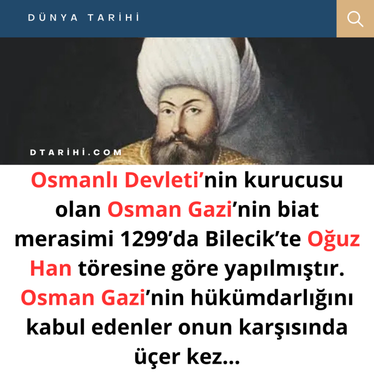 Osmanlı Devleti’nin kurucusu olan Osman Gazi’nin biat merasimi 1299’da Bilecik’te Oğuz Han töresine göre yapılmıştır. Osman Gazi’nin hükümdarlığını kabul edenler onun karşısında üçer kez…
