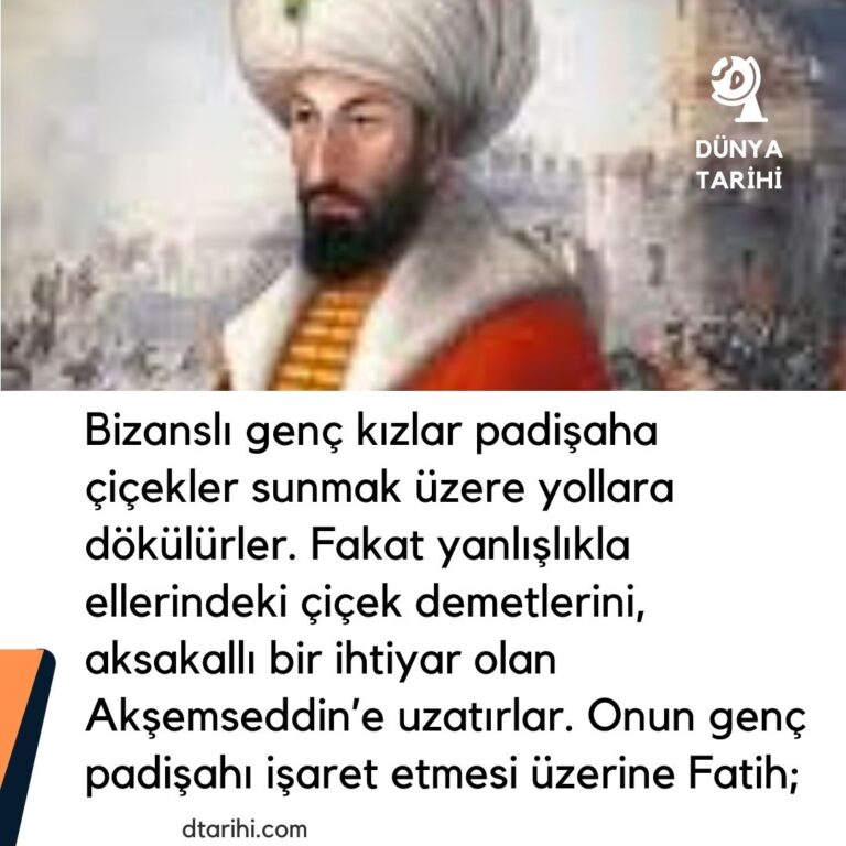 Bizanslı genç kızlar padişaha çiçekler sunmak üzere yollara dökülürler. Fakat yanlışlıkla ellerindeki çiçek demetlerini, aksakallı bir ihtiyar olan Akşemseddin’e uzatırlar. Onun genç padişahı işaret etmesi üzerine Fatih;