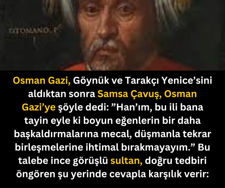 Osman Gazi, Göynük ve Tarakçı Yenice’sini aldıktan sonra Samsa Çavuş, Osman Gazi’ye şöyle dedi:  ”Han’ım, bu ili bana tayin eyle ki boyun eğenlerin bir daha başkaldırmalarına mecal, düşmanla tekrar birleşmelerine ihtimal bırakmayayım.”  Bu talebe ince görüşlü sultan, doğru tedbiri öngören şu yerinde cevapla karşılık verir:
