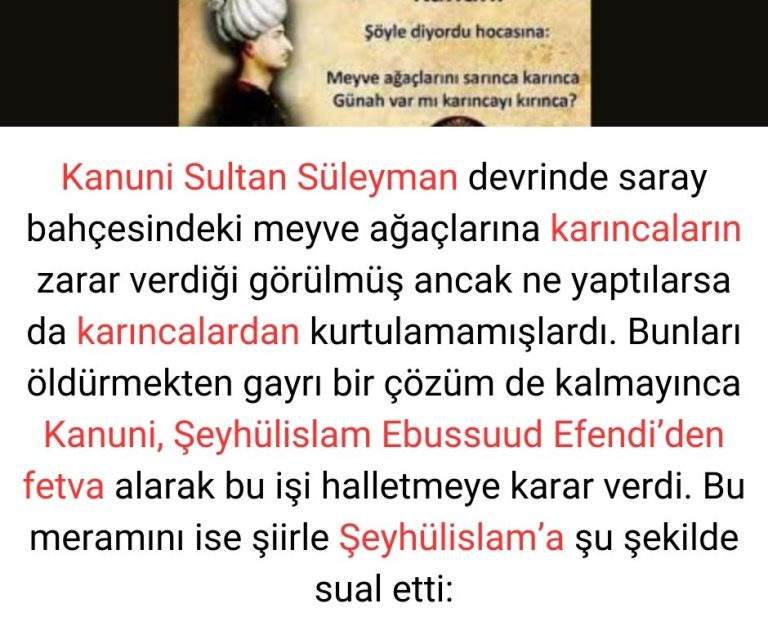Kanuni Sultan Süleyman devrinde saray bahçesindeki meyve ağaçlarına karıncaların zarar verdiği görülmüş ancak ne yaptılarsa da karıncalardan kurtulamamışlardı. Bunları öldürmekten gayrı bir çözüm de kalmayınca Kanuni, Şeyhülislam Ebussuud Efendi’den fetva alarak bu işi halletmeye karar verdi. Bu meramını ise şiirle Şeyhülislam’a şu şekilde sual etti: