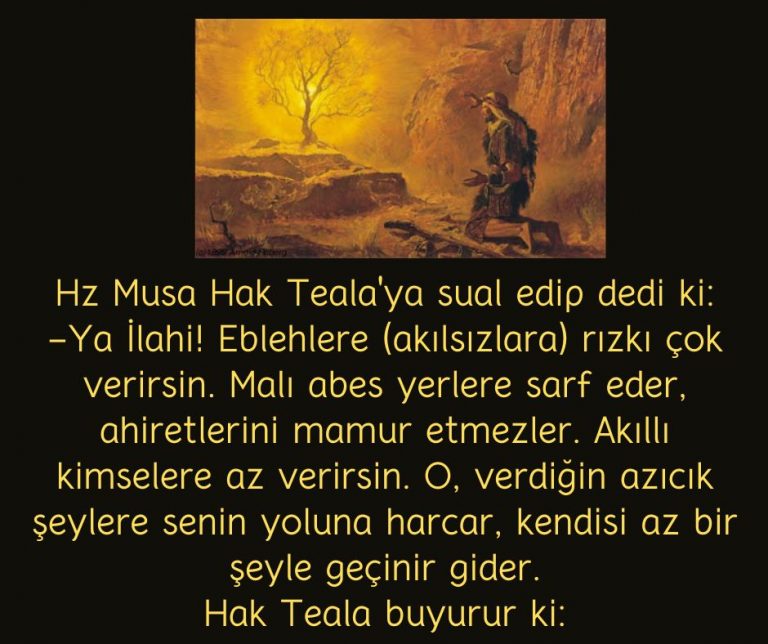 Hz Musa Hak Teala’ya sual edip dedi ki:  -Ya İlahi! Eblehlere (akılsızlara) rızkı çok verirsin. Malı abes yerlere sarf eder, ahiretlerini mamur etmezler. Akıllı kimselere az verirsin. O, verdiğin azıcık şeylere senin yoluna harcar, kendisi az bir şeyle geçinir gider.  Hak Teala buyurur ki: