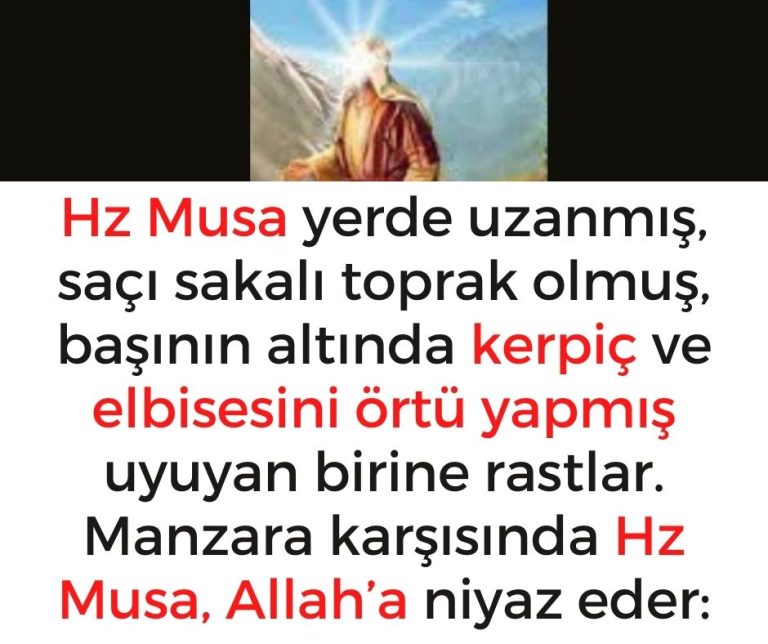 Hz Musa yerde uzanmış, saçı sakalı toprak olmuş, başının altında kerpiç ve elbisesini örtü yapmış uyuyan birine rastlar. Manzara karşısında Hz Musa, Allah’a niyaz eder: