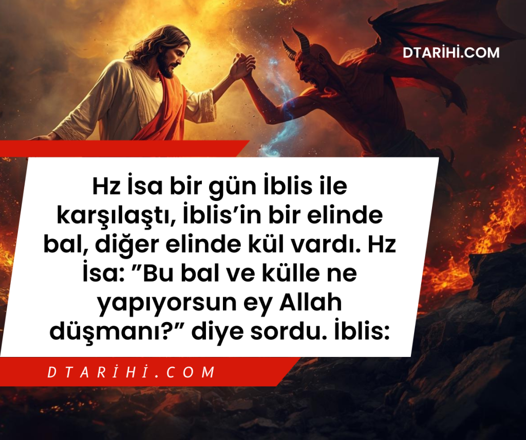 Hz İsa bir gün İblis ile karşılaştı, İblis’in bir elinde bal, diğer elinde kül vardı. Hz İsa: ”Bu bal ve külle ne yapıyorsun ey Allah düşmanı?” diye sordu. İblis: