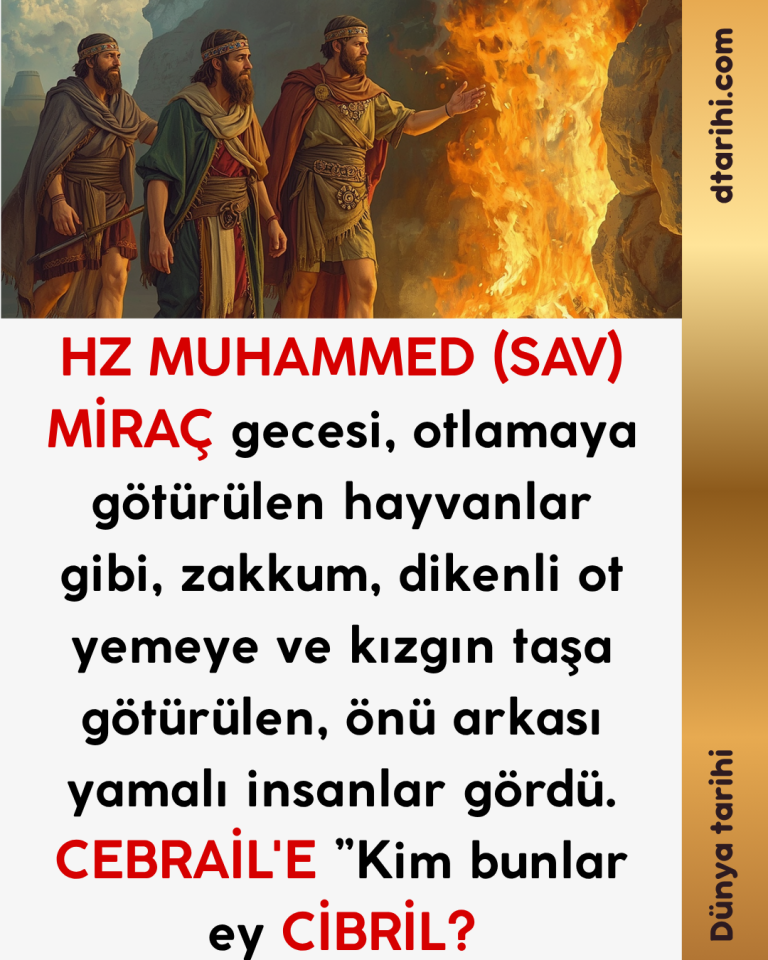 HZ MUHAMMED (SAV) MİRAÇ gecesi, otlamaya götürülen hayvanlar gibi, zakkum, dikenli ot yemeye ve kızgın taşa götürülen, önü arkası yamalı insanlar gördü. CEBRAİL’E ”Kim bunlar ey CİBRİL?’