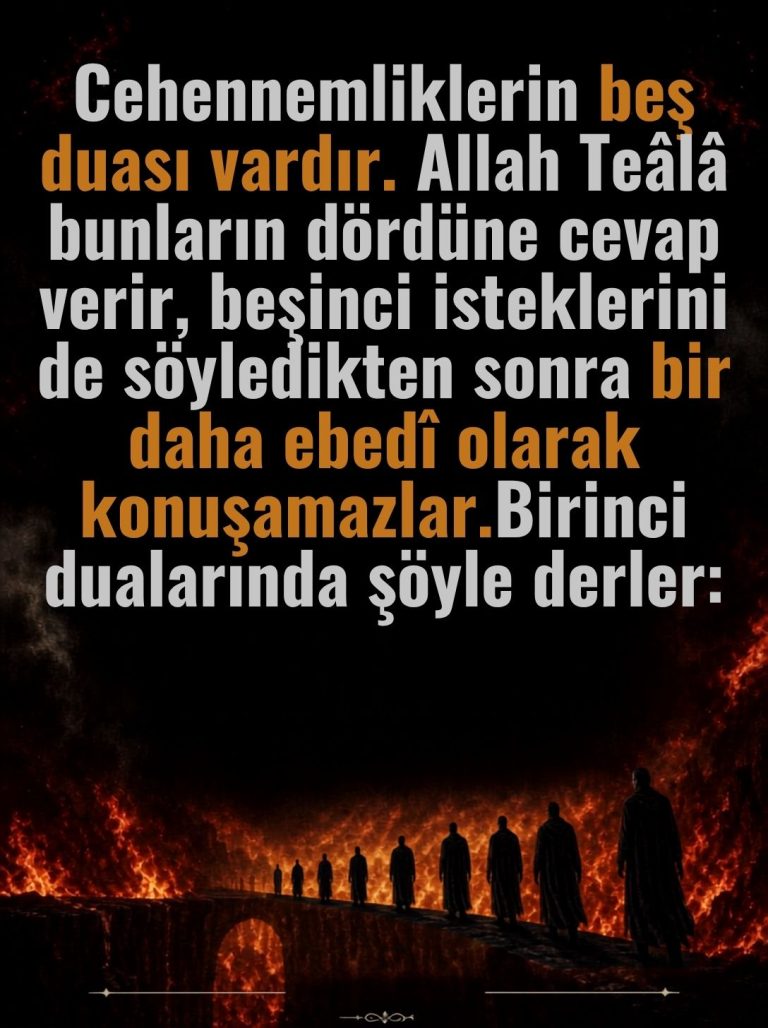 Cehennemliklerin beş duası vardır. Allah Teala bunların dördüne cevap verir, beşinci isteklerini de söyledikten sonra bir daha ebedi olarak konuşamazlar. Birinci dualarında şöyle derler: