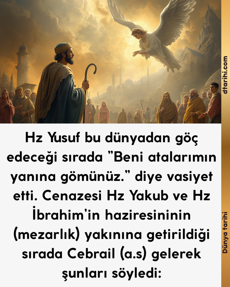 Hz Yusuf bu dünyadan göç edeceği sırada ”Beni atalarımın yanına gömünüz.” diye vasiyet etti. Cenazesi Hz Yakub ve Hz İbrahim’in haziresininin (mezarlık) yakınına getirildiği sırada Cebrail (a.s) gelerek şunları söyledi: