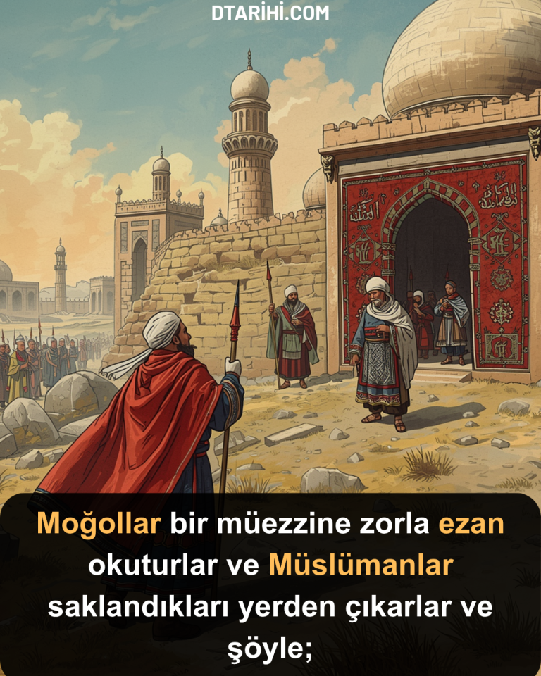 Moğollar bir müezzine zorla ezan okuturlar ve Müslümanlar saklandıkları yerden çıkarlar ve şöyle;