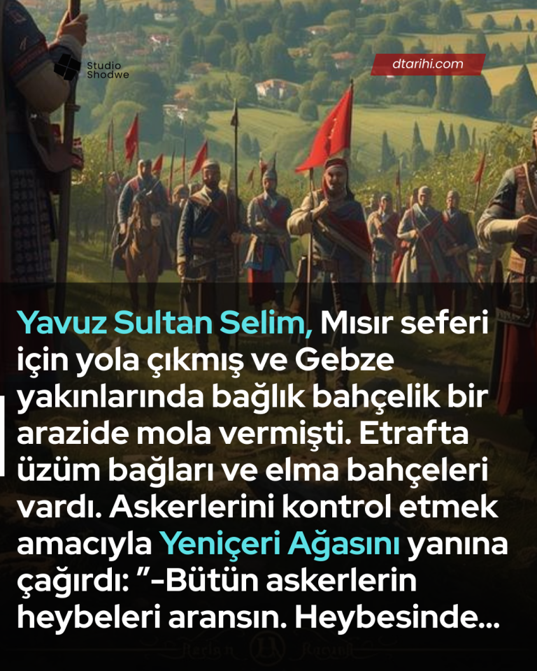 Yavuz Sultan Selim, Mısır seferi için yola çıkmış ve Gebze yakınlarında bağlık bahçelik bir arazide mola vermişti. Etrafta üzüm bağları ve elma bahçeleri vardı.  Askerlerini kontrol etmek amacıyla Yeniçeri Ağasını yanına çağırdı: ”-Bütün askerlerin heybeleri aransın. Heybesinde…