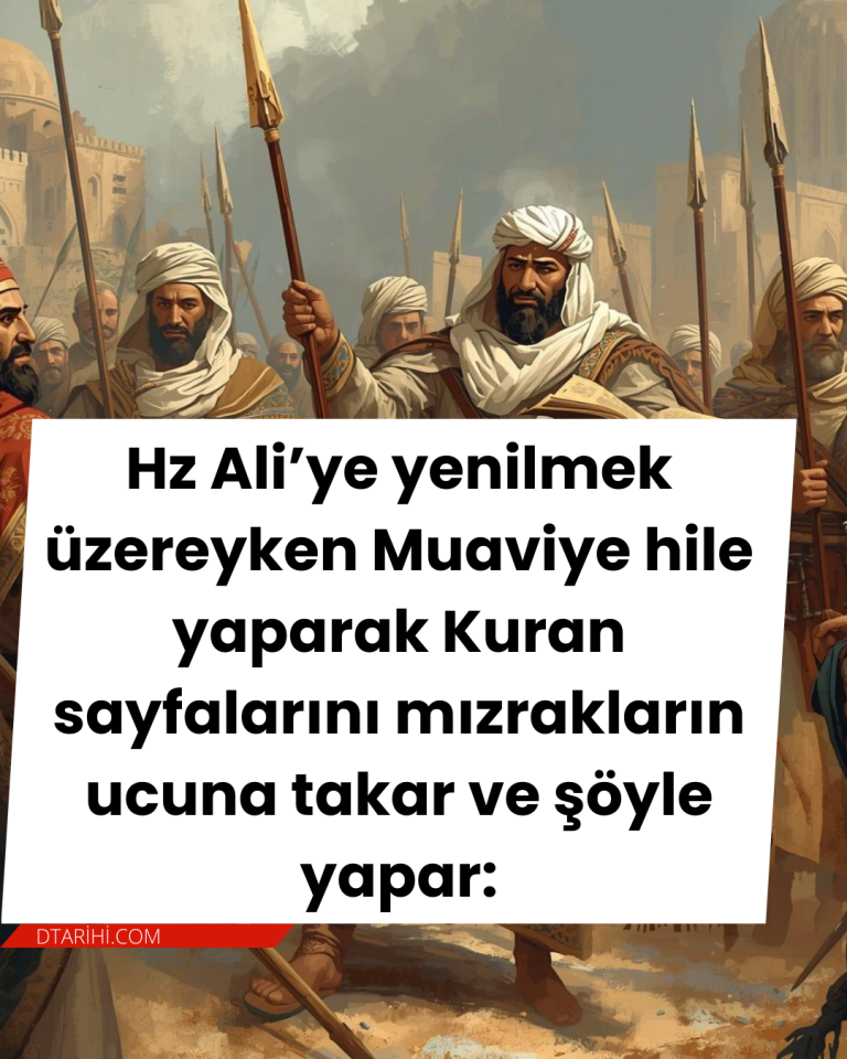 Hz Ali’ye yenilmek üzereyken Muaviye hile yaparak Kuran sayfalarını mızrakların ucuna takar ve şöyle yapar:
