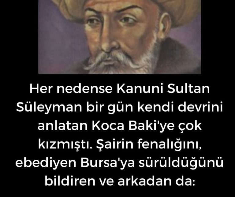 Her nedense Kanuni Sultan Süleyman bir gün kendi devrini anlatan Koca Baki’ye çok kızmıştı. Şairin fenalığını, ebediyen Bursa’ya sürüldüğünü bildiren ve arkadan da: