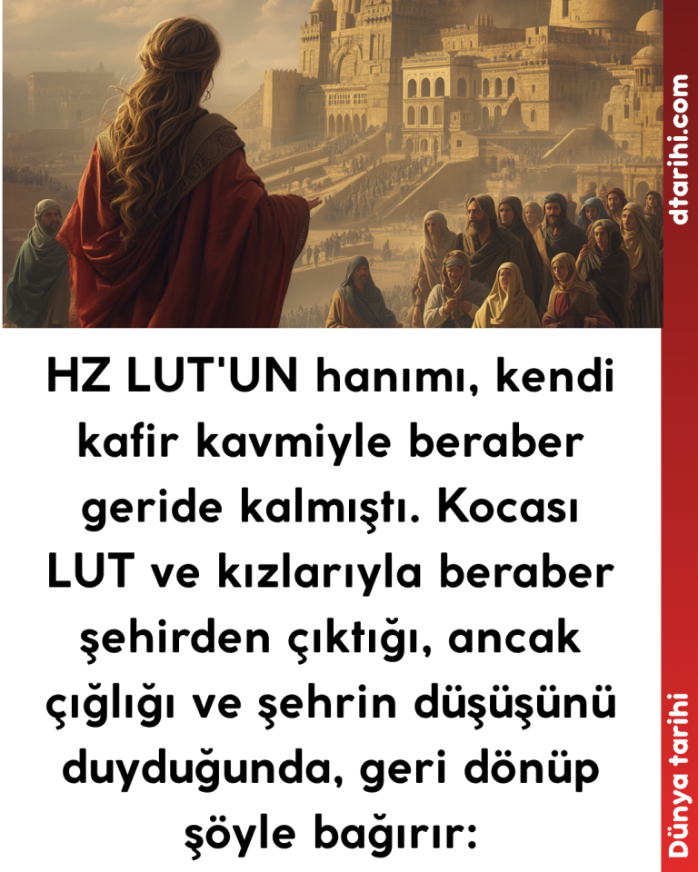 HZ LUT’UN hanımı, kendi kafir kavmiyle beraber geride kalmıştı. Kocası LUT ve kızlarıyla beraber şehirden çıktığı, ancak çığlığı ve şehrin düşüşünü duyduğunda, geri dönüp şöyle bağırır: