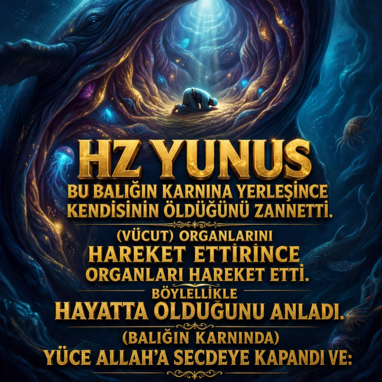 Hz Yunus bu balığın karnına yerleşince kendisinin öldüğünü zannetti. (Vücut) organlarını hareket ettirince organları hareket etti. Böylelikle hayatta olduğunu anladı. (Balığın karnında) Yüce Allah’a secdeye kapandı ve: