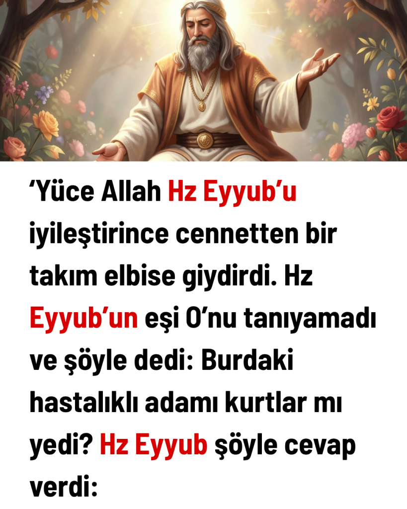 ‘Yüce Allah Hz Eyyub’u iyileştirince cennetten bir takım elbise giydirdi. Hz Eyyub’un eşi O’nu tanıyamadı ve şöyle dedi: Burdaki hastalıklı adamı kurtlar mı yedi? Hz Eyyub şöyle cevap verdi: