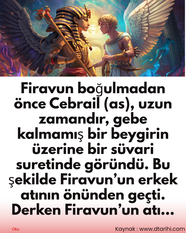 Firavun boğulmadan önce Cebrail (as), uzun zamandır, gebe kalmamış bir beygirin üzerine bir süvari suretinde göründü. Bu şekilde Firavun’un erkek atının önünden geçti. Derken Firavun’un atı…