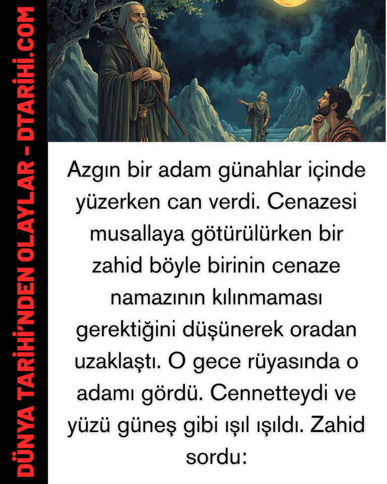 Azgın bir adam günahlar içinde yüzerken can verdi. Cenazesi musallaya götürülürken bir zahid böyle birinin cenaze namazının kılınmaması gerektiğini düşünerek oradan uzaklaştı. O gece rüyasında o adamı gördü. Cennetteydi ve yüzü güneş gibi ışıl ışıldı.  Zahid sordu: