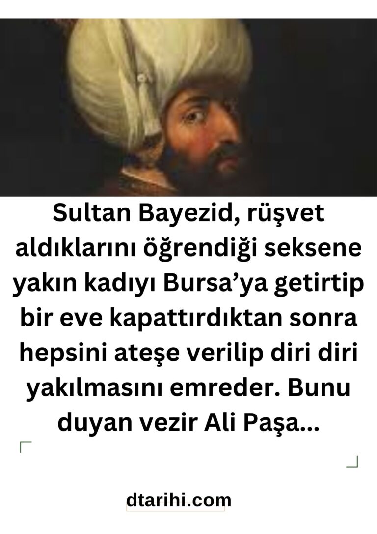 Sultan Bayezid, rüşvet aldıklarını öğrendiği seksene yakın kadıyı Bursa’ya getirtip bir eve kapattırdıktan sonra hepsini ateşe verilip diri diri yakılmasını emreder. Bunu duyan vezir Ali Paşa…