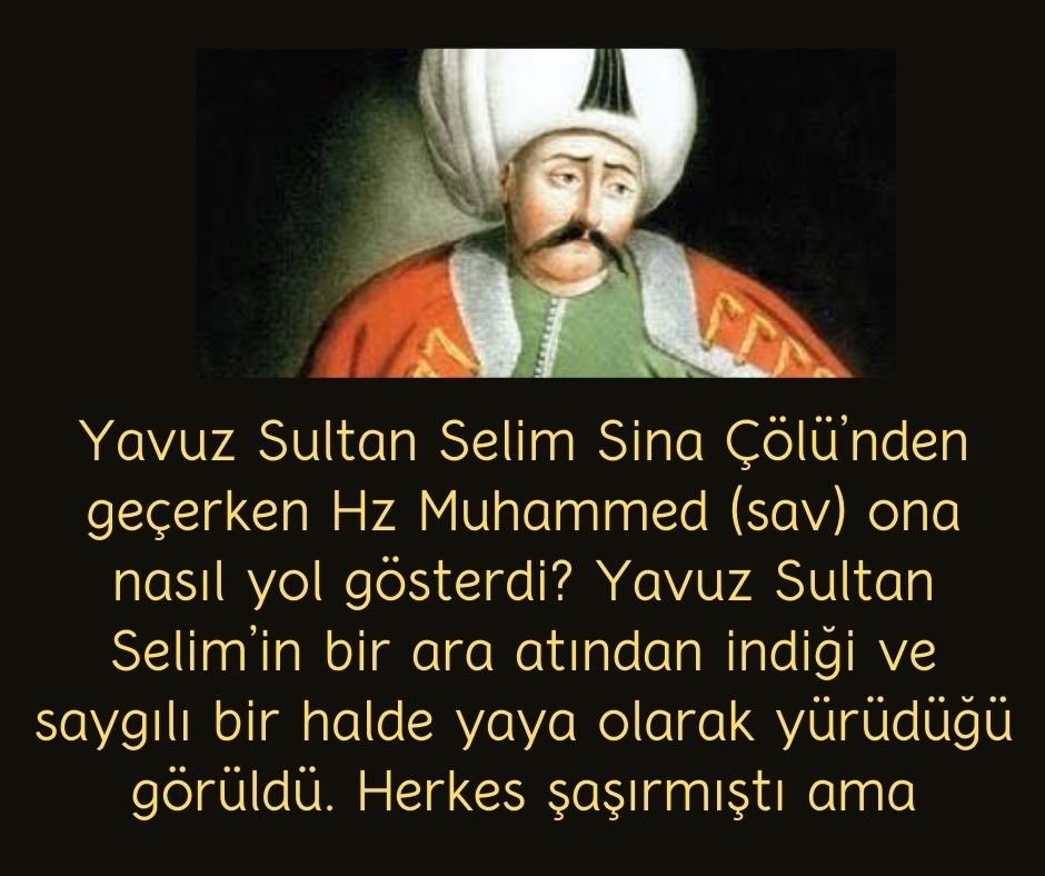 Yavuz Sultan Selim Sina Çölü'nden geçerken Hz Muhammed (sav) ona nasıl yol gösterdi? Yavuz Sultan Selim'in bir ara atından indiği ve saygılı bir halde yaya olarak yürüdüğü görüldü. Herkes şaşırmıştı ama