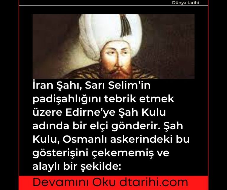 İran Şahı, Sarı Selim’in padişahlığını tebrik etmek üzere Edirne’ye Şah Kulu adında bir elçi gönderir. Şah Kulu, Osmanlı askerindeki bu gösterişini çekememiş ve alaylı bir şekilde: