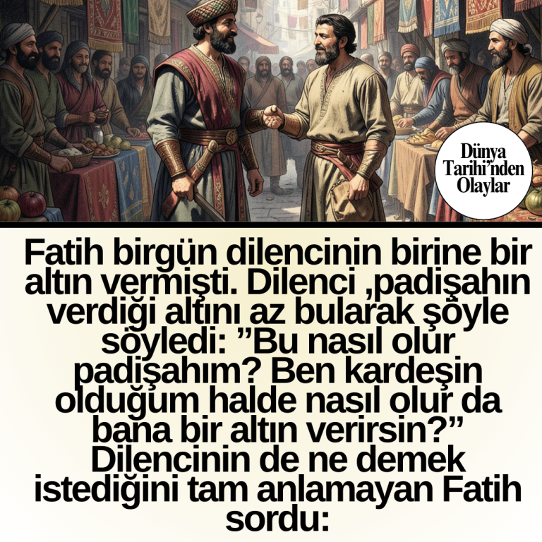 Fatih birgün dilencinin birine bir altın vermişti. Dilenci ,padişahın verdiği altını az bularak şöyle söyledi:  ”Bu nasıl olur padişahım? Ben kardeşin olduğum halde nasıl olur da bana bir altın verirsin?”  Dilencinin de ne demek istediğini tam anlamayan Fatih sordu: