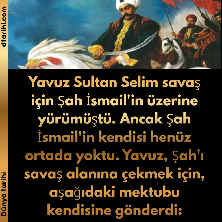 Yavuz Sultan Selim savaş için Şah İsmail’in üzerine yürümüştü. Ancak Şah İsmail’in kendisi henüz ortada yoktu.  Yavuz, Şah’ı savaş alanına çekmek için, aşağıdaki mektubu kendisine gönderdi: