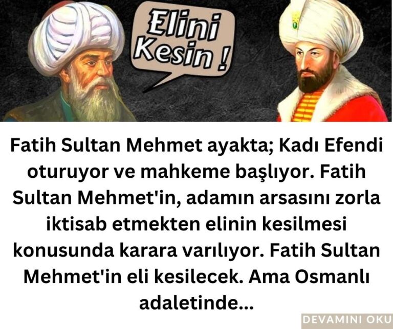 Fatih Sultan Mehmet ayakta; Kadı Efendi oturuyor ve mahkeme başlıyor. Fatih Sultan Mehmet’in, adamın arsasını zorla iktisab etmekten elinin kesilmesi konusunda karara varılıyor. Fatih Sultan Mehmet’in eli kesilecek. Ama Osmanlı adaletinde…