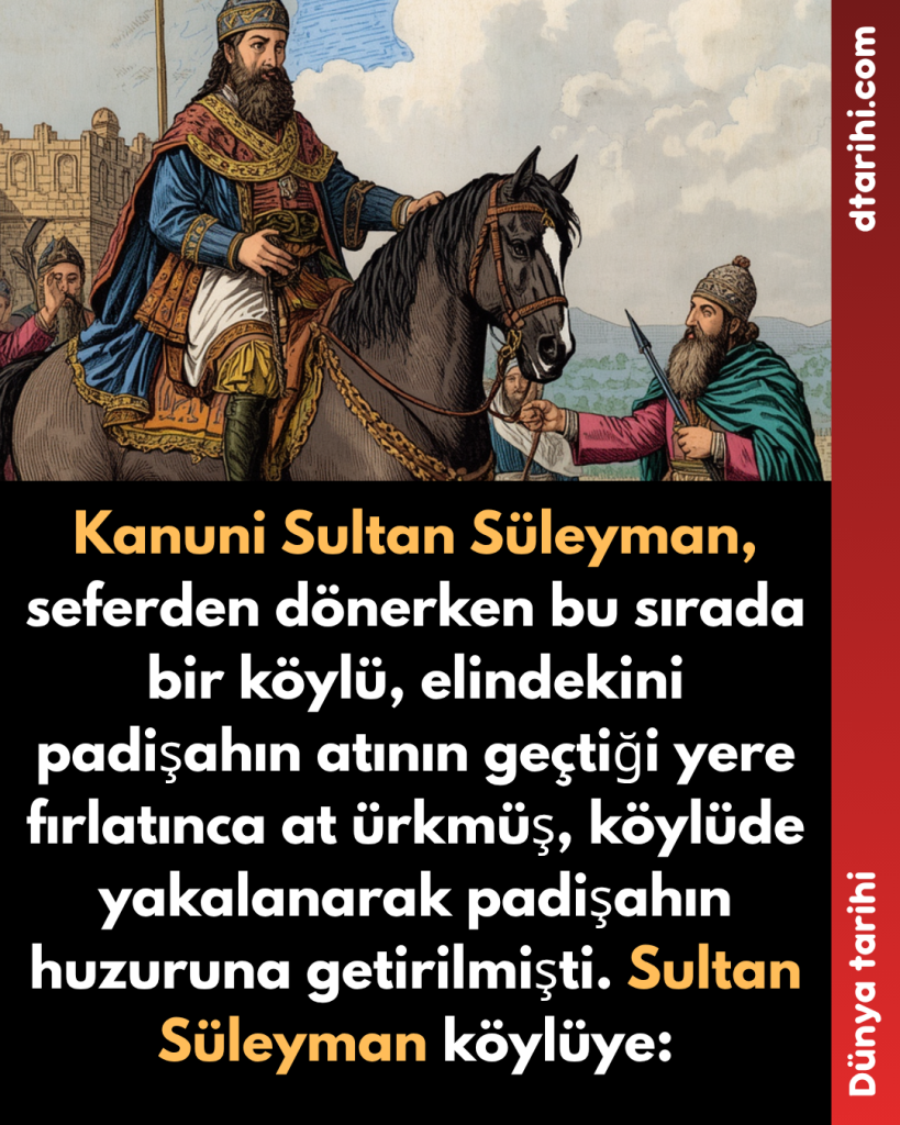 Kanuni Sultan Süleyman, seferden dönerken bu sırada bir köylü, elindekini padişahın atının geçtiği yere fırlatınca at ürkmüş, köylüde yakalanarak padişahın huzuruna getirilmişti. Sultan Süleyman köylüye: