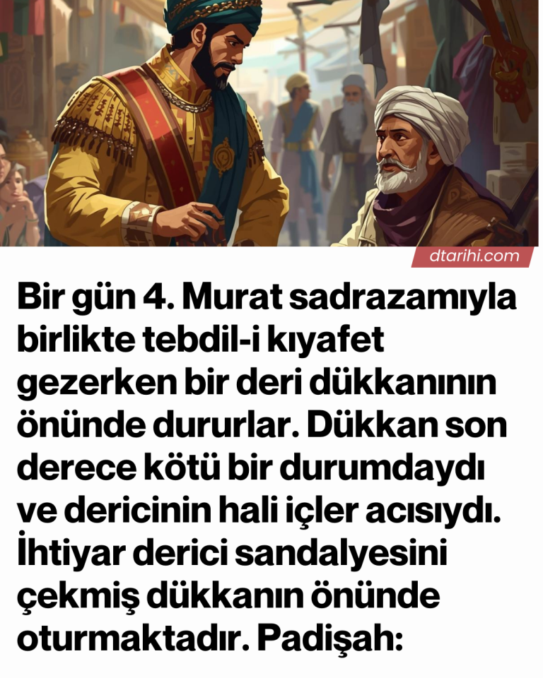 Bir gün 4. Murat sadrazamıyla birlikte tebdil-i kıyafet gezerken bir deri dükkanının önünde dururlar. Dükkan son derece kötü bir durumdaydı ve dericinin hali içler acısıydı. İhtiyar derici sandalyesini çekmiş dükkanın önünde oturmaktadır.  Padişah: