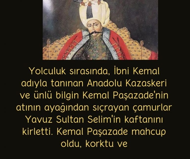 Yolculuk sırasında, İbni Kemal adıyla tanınan Anadolu Kazaskeri ve ünlü bilgin Kemal Paşazade’nin atının ayağından sıçrayan çamurlar Yavuz Sultan Selim’in kaftanını kirletti. Kemal Paşazade mahcup oldu, korktu ve