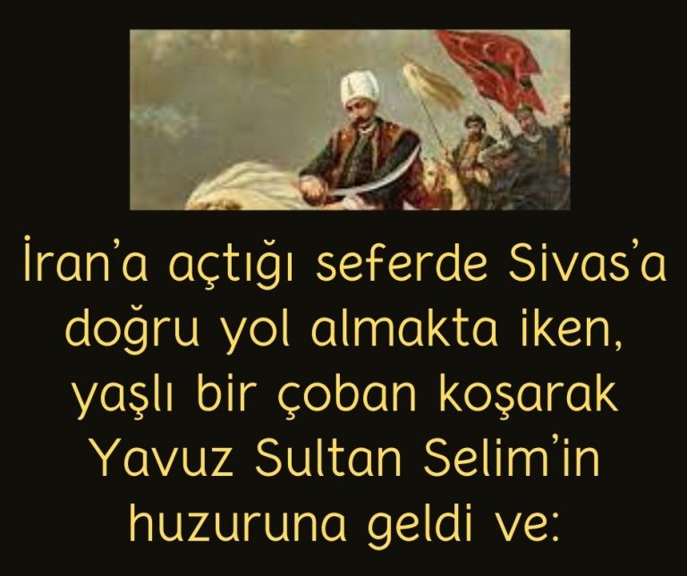 İran’a açtığı seferde Sivas’a doğru yol almakta iken, yaşlı bir çoban koşarak Yavuz Sultan Selim’in huzuruna geldi ve: