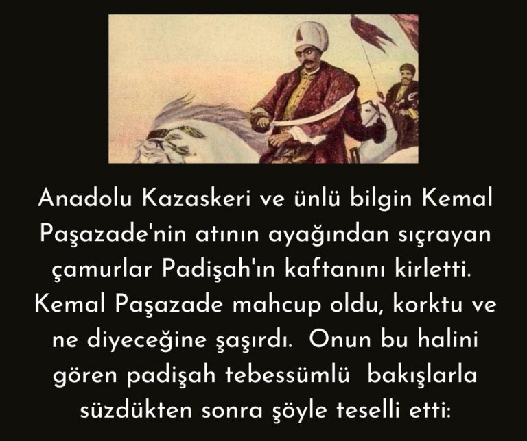Anadolu Kazaskeri ve ünlü bilgin Kemal Paşazade’nin atının ayağından sıçrayan çamurlar Padişah’ın kaftanını kirletti.  Kemal Paşazade mahcup oldu, korktu ve ne diyeceğine şaşırdı.  Onun bu halini gören padişah tebessümlü  bakışlarla süzdükten sonra şöyle teselli etti: