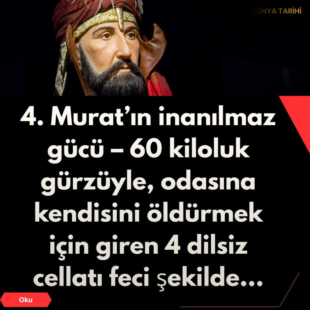 4. Murat’ın inanılmaz gücü – 60 kiloluk gürzüyle, odasına kendisini öldürmek için giren 4 dilsiz cellatı feci şekilde…