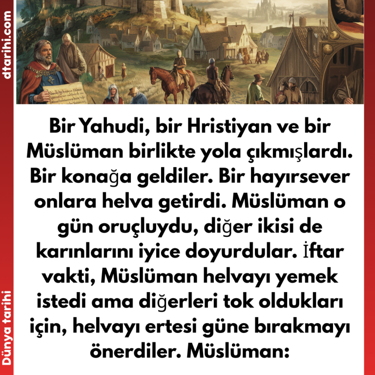 Bir Yahudi, bir Hristiyan ve bir Müslüman birlikte yola çıkmışlardı. Bir konağa geldiler. Bir hayırsever onlara helva getirdi. Müslüman o gün oruçluydu, diğer ikisi de karınlarını iyice doyurdular.  İftar vakti, Müslüman helvayı yemek istedi ama diğerleri tok oldukları için, helvayı ertesi güne bırakmayı önerdiler. Müslüman: