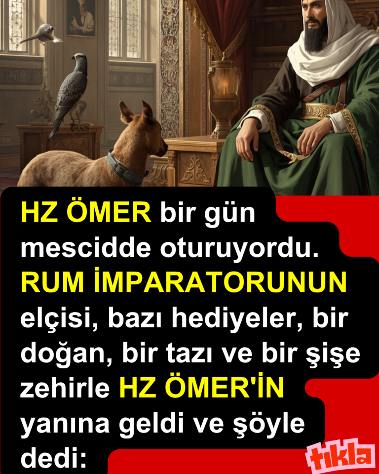 HZ ÖMER bir gün mescidde oturuyordu. RUM İMPARATORUNUN elçisi, bazı hediyeler, bir doğan, bir tazı ve bir şişe zehirle HZ ÖMER’İN yanına geldi ve şöyle dedi:
