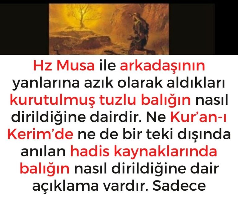 Hz Musa ile arkadaşının yanlarına azık olarak aldıkları kurutulmuş tuzlu balığın nasıl dirildiğine dairdir. Ne Kur’an-ı Kerim’de ne de bir teki dışında anılan hadis kaynaklarında balığın nasıl dirildiğine dair açıklama vardır. Sadece