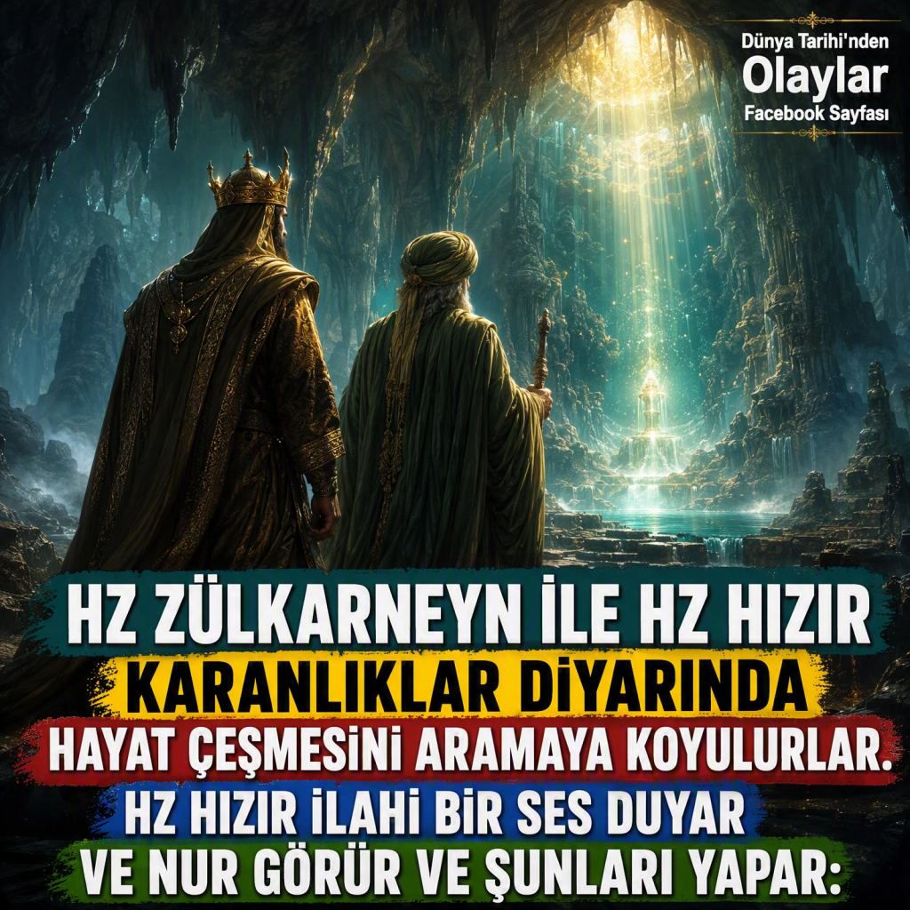 Hz Zülkarneyn ile Hz Hızır Karanlıklar Diyarında Hayat Çeşmesini aramaya koyulurlar. Hz Hızır ilahi bir ses duyar ve nur görür ve şunları yapar: