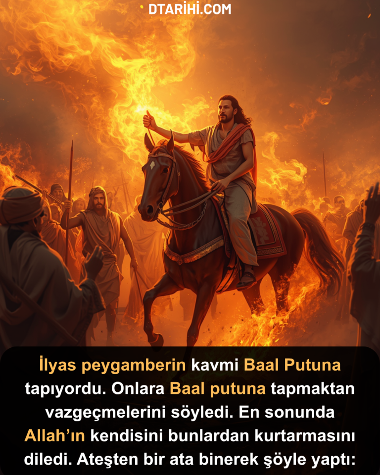 İlyas peygamberin kavmi Baal Putuna tapıyordu. Onlara Baal putuna tapmaktan vazgeçmelerini söyledi. En sonunda Allah’ın kendisini bunlardan kurtarmasını diledi. Ateşten bir ata binerek şöyle yaptı:
